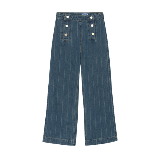 A pair of wide-leg denim pants in a faded blue wash with thin white vertical pinstripes, featuring decorative silver-tone buttons on the front pockets and waistband, shown against a plain white background.