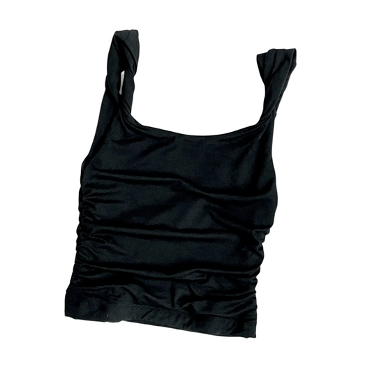 A black ruched tank top with wide shoulder straps, laid flat on a white background.